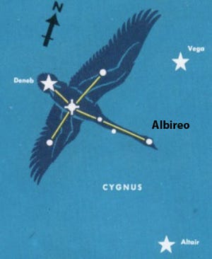This star map shows the principal stars of Cygnus the Swan, which form the “Northern Cross.” The star at the foot of the cross, which is also pictured here as the head of the Swan, is Albeiro, a fine double star. The bright stars Deneb, Vega and Altair are shown. Look high in the south the next clear September evening. [pachamamatrust.org]