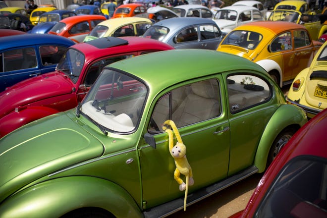 FILE- In this April 21, 2017, file photo Volkswagen Beetles displayed during the annual gathering of the "Beetle club" in Yakum, central Israel. Volkswagen says it will stop making its iconic Beetle in July of next year. Volkswagen of America on Thursday, Sept. 13, 2018, announced the end of production of the third-generation Beetle by introducing two final special editions. (AP Photo/Oded Balilty, File)