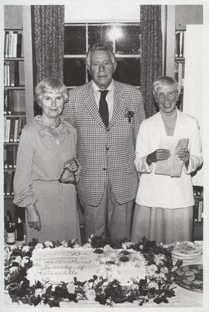 The Cape Cod Horticultural Society celebrated its 50th anniversary in Sept. 1978 with a program presented by Mrs. Bruce P. Henn, joined here with President Arnold D. Burch and Miss Gertrude Hayden for cake cutting festivities. (Barnstable Patriot Files/W.B. Nickerson Cape Cod History Archives)