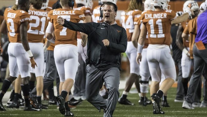 Texas Longhorns Defensive Coordinator Todd Orlando celebrate a 4th and goal stop against USC Trojans in the NCAA college football game, at Darrell K Royal-Texas Memorial Stadium, in Austin, Texas Saturday, Sept. 15 , 2018 RICARDO B. BRAZZIELL / AMERICAN-STATESMAN