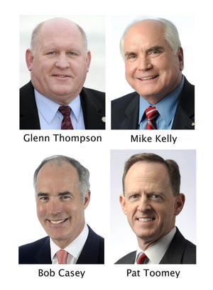 Clockwise from left, these are file photos of: U.S. Rep. Glenn Thompson, R-5th Dist.; U.S. Rep. Mike Kelly, R-3rd Dist.; U.S. Sen. Pat Toomey, R-Pa.; and U.S. Sen. Bob Casey, D-Pa. CONTRIBUTED/