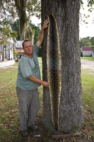 Dirk J. Stevenson, who measures 5 feet, 8 inches, with the stretched skin of a 5-foot (when alive) eastern diamondback. [Photo by Kevin M. Stohlgren]