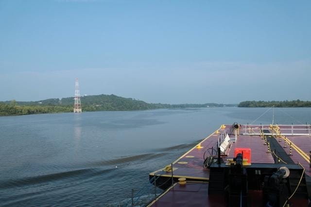 The Arkansas River is seen from the top deck of the M/V Mississippi in August 2014. A funding increase to operate and maintain the McClellan-Kerr Arkansas River Navigation System was included in a bill recently passed by the U.S. House of Representatives. [Times Record File Photo]