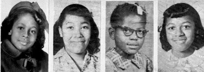 The four girls who were killed Sept. 19, 1963, when a bomb was thrown into the Sixteenth Street Baptist Church in Birmingham were, from left, Denise McNair, 11; Carole Robertson, 14; Addie Mae Collins, 14; and Cynthia Dianne Wesley, 14; all shown in 1963 file photos. [AP Photo/File]