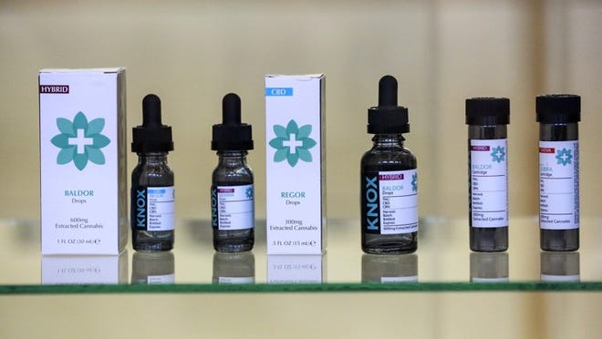 Extracted cannabis drops and cartridges on display at Knox Medical in Lake Worth during a media tour of Palm Beach County’s first medical marijuana dispensary in November 2017. (Bruce R. Bennett / The Palm Beach Post)