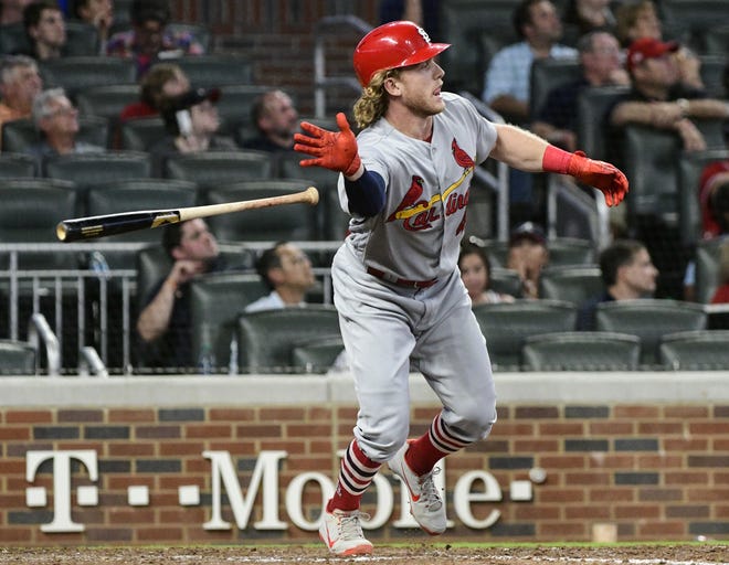 St. Louis Cardinals' Harrison Bader gets a home run on a fly ball to left field during the eighth inning of a baseball game against the Atlanta Braves, Monday, Sept. 17, 2018, in Atlanta. (AP Photo/John Amis)