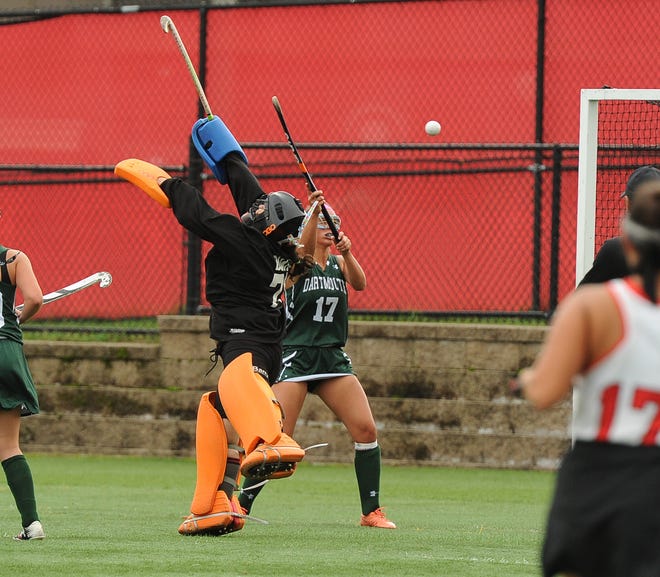A lobbed shot gets over the head of Durfee goalie Dierdre Duarte and Dartmouth's Kayleigh Affonso for a point for Dartmouth during the first half of a game played at Durfee High on Wednesday, September 19, 2018, in Fall River, Massachusetts
