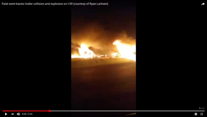 A screen shot from a video by Ryan Lanham of Bloomington showing the aftermath of a fatal collision between two semi-tractor trailers early Wednesday morning on Interstate 39 near Hudson. Three people have been confirmed killed in the accident.