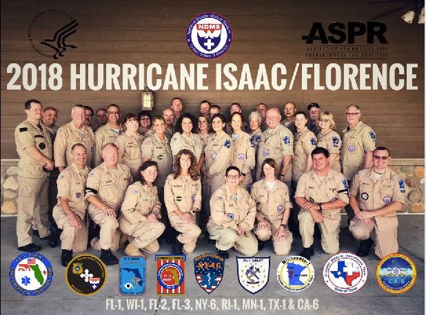 Jeffrey Bailey, a Baptist Medical Center paramedic from Navarre (back row, under the 'e' in 'hurricane'), is part of a National Disaster Medical System team dispatched by the federal government in response to Hurricane Florence. The team, originally dispatched to Puerto Rico for Hurrican Isaac, is now staged in Concord, N.C. [CONTRIBUTED PHOTO/U.S. DEPARTMENT OF HEALTH & HUMAN SERVICES]
