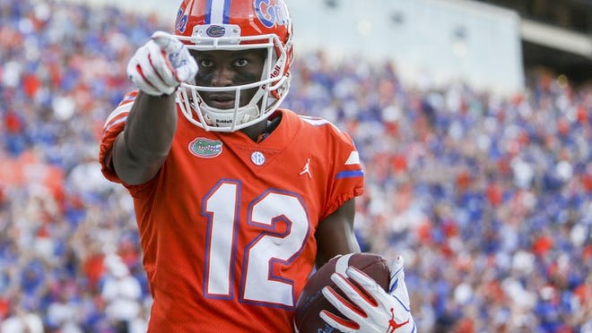 Florida wide receiver Van Jefferson (12) points at fans after scoring a touchdown in the fourth quarter against Colorado State on Saturday, Sept. 15, 2018, at Ben Hill Griffin Stadium in Gainesville, Fla. The host Gators won, 48-10. (Bronte Wittpenn/Tampa Bay Times/TNS)
