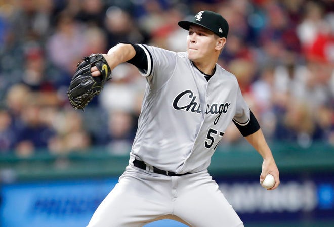 Chicago White Sox relief pitcher Jace Fry delivers in the seventh inning of a baseball game against the Cleveland Indians, Wednesday, Sept. 19, 2018, in Cleveland. (AP Photo/Tony Dejak)
