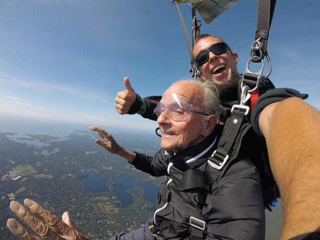Charles Colbath, 94, of Osterville, skydives in tandem with Stephen Foster, of Skydive Barnstable. (Courtesy photo/Skydive Barnstable)