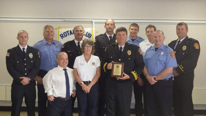 Taking part in the presentation are (from left): Front Row – Rotary Club of Canton President Rusty Melhouse, Canton Fire Department Administrative Assistant Cessely McGhee, Assistant Chief Charles “Al” Devlin, Firefighter Robert Moravek; Back Row – Firefighter Blake Flickinger, Lt. Clark Evans, Lt. Jay Smith, Assistant Chief Tony Plumer, Firefighter Josh Russell, Assistant Chief Scott Roos, and Lt. Dan Neptun.