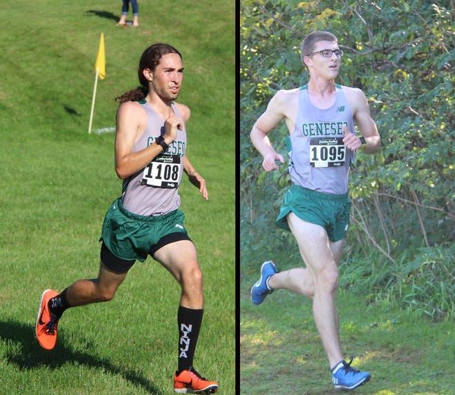 Neo Colter, right, led upperclassmen with a sixth-place finish; and William Plumley led the Leafs' sophomore squad as he finished 
runner-up at the Geneseo Invitational.