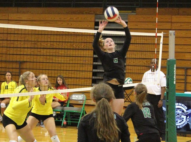 Maddi Barickman sets the ball during Geneseo’s victory over Galesburg.