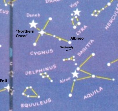 This star map shows the location of the four small constellations — Vulpecula, Sagitta, Delphinus and Equuleus — seen in the south on late September evenings. [http://pachamamatrust.org]
