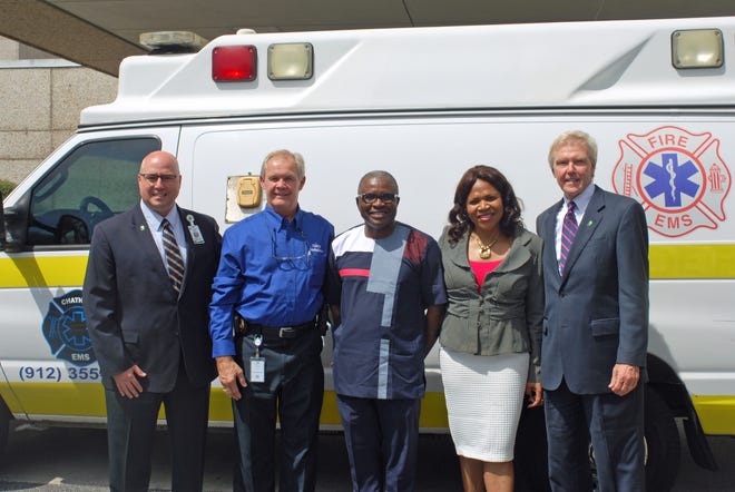 From left, Brad Trower, vice president of business development at St. Joseph's/Candler; Chuck Kearns, CEO of Chatham Emergency Services; Dr. Eugene Nwosu; Mary Nwosu; Paul P. Hinchey, president & CEO of St. Joseph's/Candler. [Submitted photo]