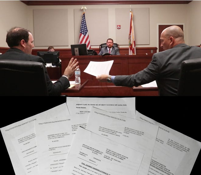 Lawyers Keith Petrochko, left, and Todd Migacz make their arguments before Judge A. Christian Miller at the Volusia County Courthouse in DeLand last month. Petrochko works for the Davila Law Group while Migacz represents Windhaven Insurance which is being sued by the Davila Law Group, which has filed thousands of small-claim lawsuits in Volusia County against insurance companies. [News-Journal/Jim Tiller]