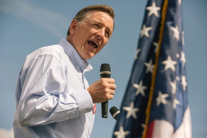 Rep. Paul Gosar, R-Ariz., seen speaking during a bus tour on Aug. 24, is facing public opposition from six of his siblings. "It would be difficult to see my brother as anything but a racist," Grace Gosar says in an ad for Paul Gosar's opponent, Democrat David Brill. [Bloomberg file / Caitlin O'Hara]