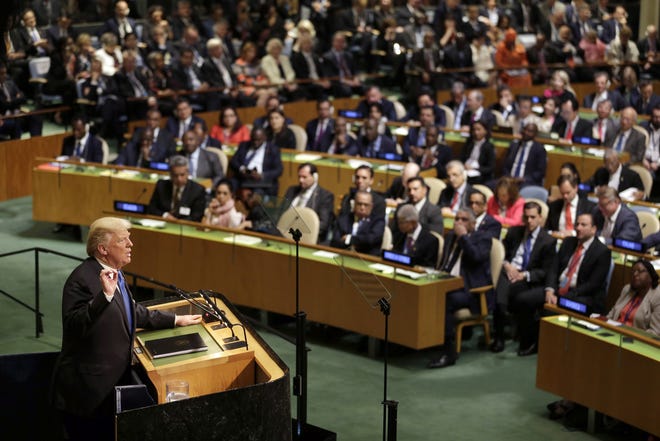 FILE - In this Sept. 19, 2017, file photo, President Donald Trump speaks during the United Nations General Assembly at U.N. headquarters. When Trump makes his second address to the United Nations _ and wields the Security Council gavel for the first time _ he will face leaders of a global order he upended in the last 12 months by pulling out of the Iran deal, embracing Russia and alienating longtime Western allies over trade and defense spending. (AP Photo/Seth Wenig, File)
