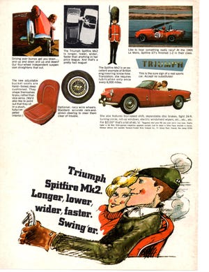 Advertisement for the 1966 Triumph Spitfire, designed by Giovanni Michelloti. Michelloti is renowned for his creation of numerous Italian specialties like Ferrari and Maserati. [Triumph advertisement]