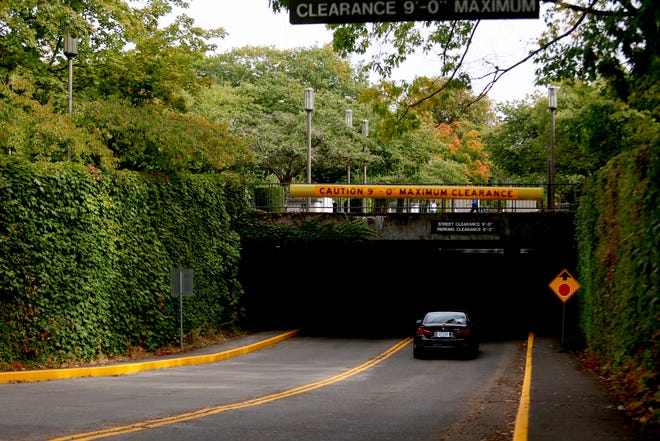This Sept. 21, 2018 photo a car moves down the road to the underground parking structure at the Capitol Mall in Salem, Ore. The famous flowering cherry trees that bloom each spring in front of Oregon's Capitol may get the ax. State officials say the trees' roots might be causing damage to the roof of the underground parking structure below and if so, the trees will need to be removed, The Statesman Journal reported Monday, Sept. 24, 2018. (Anna Reed/Statesman Journal via AP)