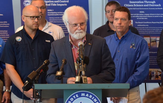 Mote Marine Laboratory President and CEO Michael Crosby discussed efforts to understand and ultimately mitigate the effects of red tide during a press conference Monday at Mote Marine Laboratory. [Herald-Tribune staff photo / Carlos R. Munoz]