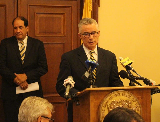Former Gov. Jim McGreevey speaks at the release of the "New Jersey Opioid Addiction Report: A Modern Plague" put together by his initiative, New Jersey Reentry Corporation. [KELLY KULTYS / STAFF PHOTOJOURNALIST]