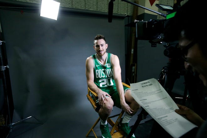 Gordon Hayward does an interview on Celtics media day on Monday.
