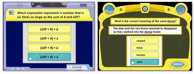 A sample math question and sample reading question from the i-Ready Diagnostic & Instruction program. [i-Ready Diagnostic & Instruction: User Guide]