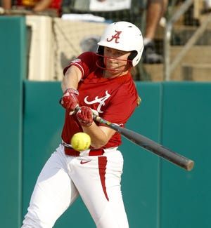 Alabama outfielder Kaylee Tow (12) hits against Oregon State during the NCAA Tuscaloosa Regional in Rhoads Stadium Sunday, May 20, 2018. [Staff Photo/Gary Cosby Jr.]