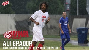 After scoring two goals including a golden goal in overtime, Ali Brador has been recognized as the Gulf South Conference Player of the Week.