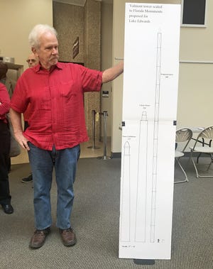 Fred Antonio, of Lake Plymouth, spoke against the planned location of the new public safety tower and brought this diagram to show commissioners the height of the new tower compared to other Florida landmarks. [Payne Ray/Daily Commercial]