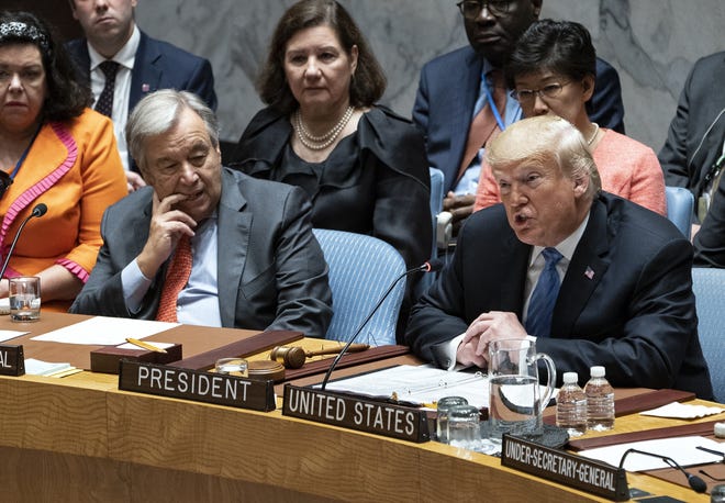 President Donald Trump addresses the United Nations Security Council during the 73rd session of the United Nations General Assembly at U.N. headquarters on Wednesday. [AP Photo/Craig Ruttle]