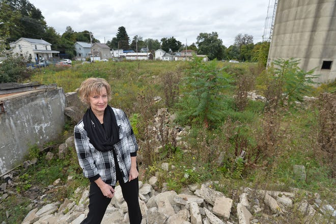 On Monday, Cindy Wells, 59, secretary/treasurer for the borough of Union City, shows part of the site of the former Ethan Allen cherry division furniture factory along South Main Street in Union City. Ernest Sell (not pictured), owner of Raccoon Refuse in neighboring Mill Village, plans to open a solid waste transfer station on the property. [CHRISTOPHER MILLETTE/ERIE TIMES-NEWS]