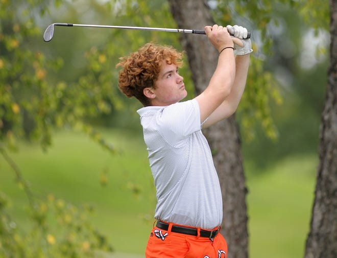 Jack Heimer, shown hitting a tee shot at Aldeen on Sept. 8, helps give Freeport the deepest lineup in the NIC-10. The Pretzels are favored to win their first conference title in eight years Friday and Saturday at Timber Pointe in Poplar Grove. [CHRIS NIEVES/THE JOURNAL-STANDARD CORRESPONDENT]