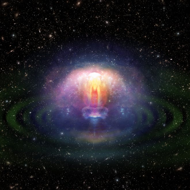An artist’s impression of the jet (pictured as a ball of fire) in the neutron star merger GW170817 that was imaged with Very Long Baseline Interferometry technique. The counter-jet and gravitational waves produced by the neutron star merger are shown in green. [Credit: James Josephides, Swinburne University of Technology, Australia]