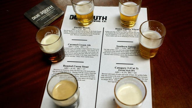 A sampler of fresh-brewed beers at Due South Brewing Company in Boynton Beach. (Bill Ingram/Palm Beach Post)