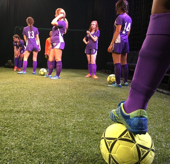 'The Wolves' is an ensemble drama featuring 10 female actors and set on a soccer practice field. [PHOTOS BY TONY SIMMONS/THE NEWS HERALD]