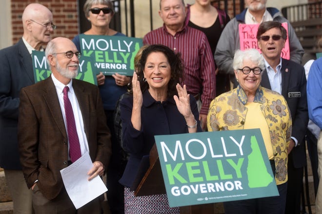 Democratic candidate for governor Molly Kelly speaks at Dover City Hall Thursday morning opening the press conference with "I believe women," refering to Christine Blasey Ford's testimony happening at that moment. Kelly's main purpose was to express the need for solar energy and other renewable energy in New Hampshire, critcizing Gov. Chris Sununu's veto of legislation. To Kelly's right is state Sen. David Watters of Dover and to her right is state Sen. Martha Fuller Clark of Portsmouth. [Deb Cram/Fosters.com]