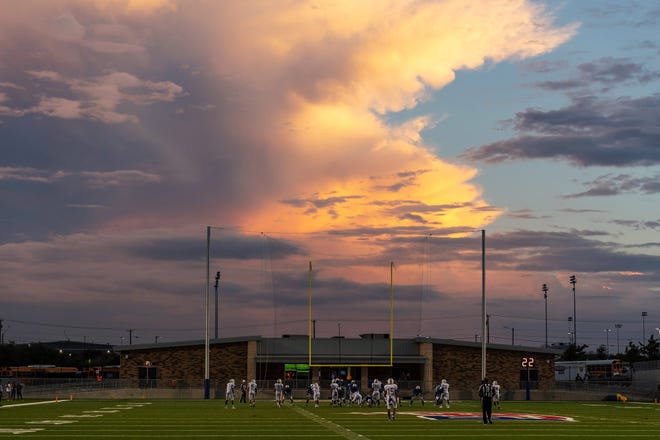 Sunset over the Pfield. Pflugerville won a non-district football game against Elgin 40-17 at the Pfield on September 13, 2018. Henry Huey for Pflugerville Pflag.