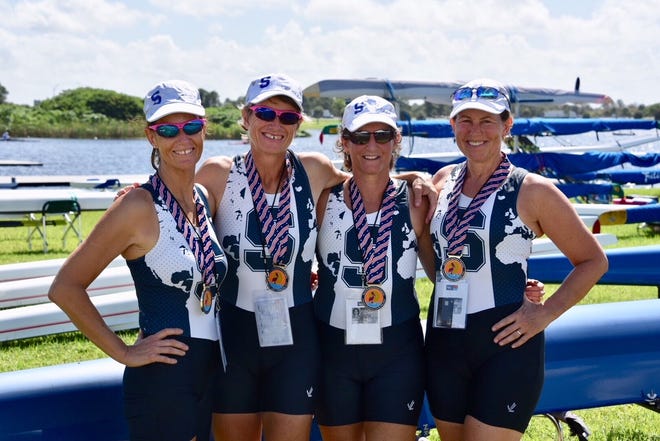 Sarasota Crew members, from left: Anne Marichal, Beverley Gallie, Cheryl Burke and Diane Desmery pose after winning the women's E 4X race at the 2018 World Rowing Masters Regatta on Thursday at Nathan Benderson Park. [COURTESY PHOTO]