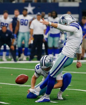 Dallas Cowboys kicker Brett Maher (2) kicks the game winning field goal in the second half of an NFL footb0all game against the Detroit Lions in Arlington, Texas, Sunday, Sept. 30, 2018.(AP Photo/Roger Steinman)