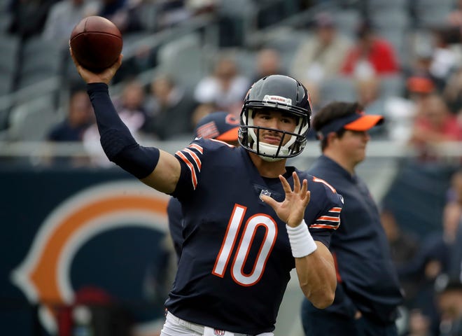 The Bears' Mitchell Trubisky threw six touchdown passes against the Buccaneers, finally showing his fantasy potential. [Nam Y. Huh/The Associated Press]