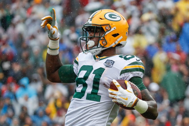 Green Bay Packers wide receiver Geronimo Allison (81) celebrates his touchdown during the first half of an NFL football game against the Washington Redskins, Sunday, Sept. 23, 2018 in Landover, Md. (AP Photo/Alex Brandon)