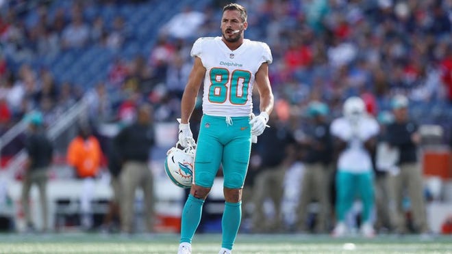FOXBOROUGH, MA - SEPTEMBER 30: Danny Amendola #80 of the Miami Dolphins looks on during the second half against the New England Patriots at Gillette Stadium on September 30, 2018 in Foxborough, Massachusetts. (Photo by Maddie Meyer/Getty Images)