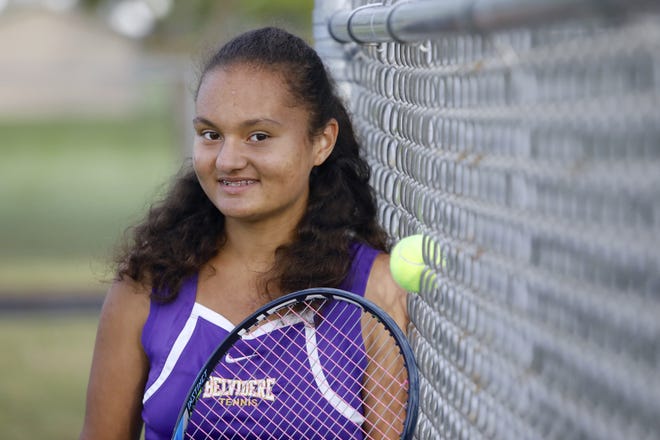 Belvidere freshman Beau DeGennaro, shown on Wednesday, Sept. 26, 2018, after a singles NIC-10 match against Guilford at Belvidere High School, hits a deceptive slice backhand that has befuddled her opponents. [SUSAN MORAN/RRSTAR.COM CORRESPONDENT]