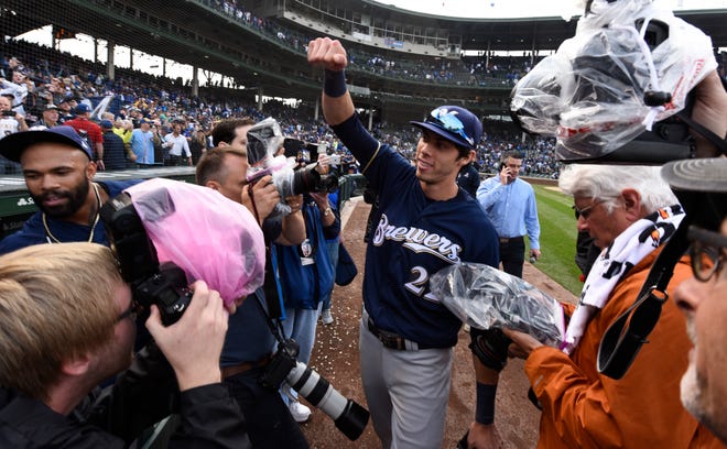 Milwaukee Brewers center fielder Christian Yelich celebrates after defeating the Chicago Cubs 3-1 in the end of a tiebreak game on Monday, Oct. 1, 2018, in Chicago. [MATT MARTON/THE ASSOCIATED PRESS]