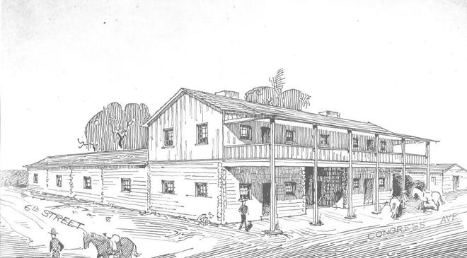 This line drawing shows how the Bullock Hotel might have looked in 1841 during the Pig War. [Contributed by Austin History Center]