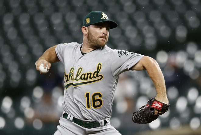 Oakland Athletics pitcher Liam Hendriks throws to the Baltimore Orioles during a game on Sept. 12 in Baltimore. Hendriks will start for the Oakland Athletics in Wednesday night's AL wild-card game against the New York Yankees. [AP Photo/Patrick Semansky, File]